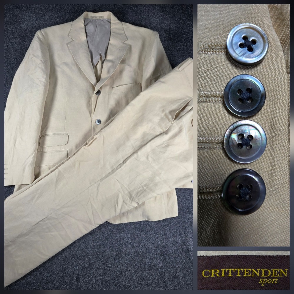 Crittenden Silk Linen Blend 2 Button Sport Suit Men 44R 37x27 Tan Flat Front Tan